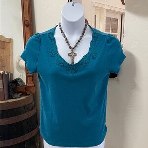 St. John's Bay Teal Short Sleeve Top with Lace Detail